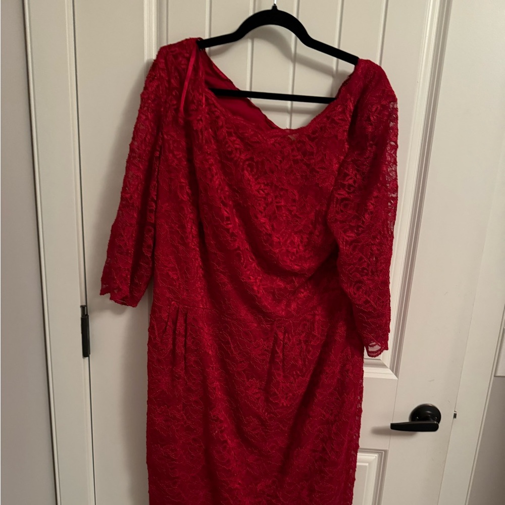 The starling red lace dress by Alex Evenings is size 18W. Made in China